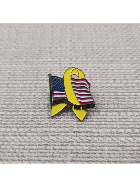 Support Our Troops Yellow Ribbon & US Flag Enamel Lapel Pin A7355 - Picture 1 of 5